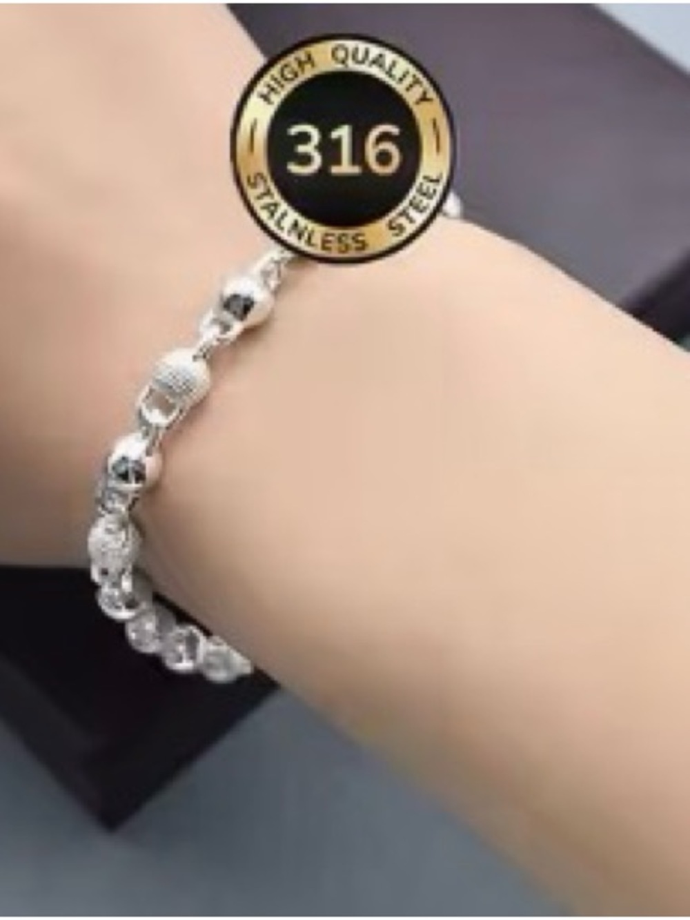Sterling-Look 316 Stainless Steel Silver Beaded Bracelet